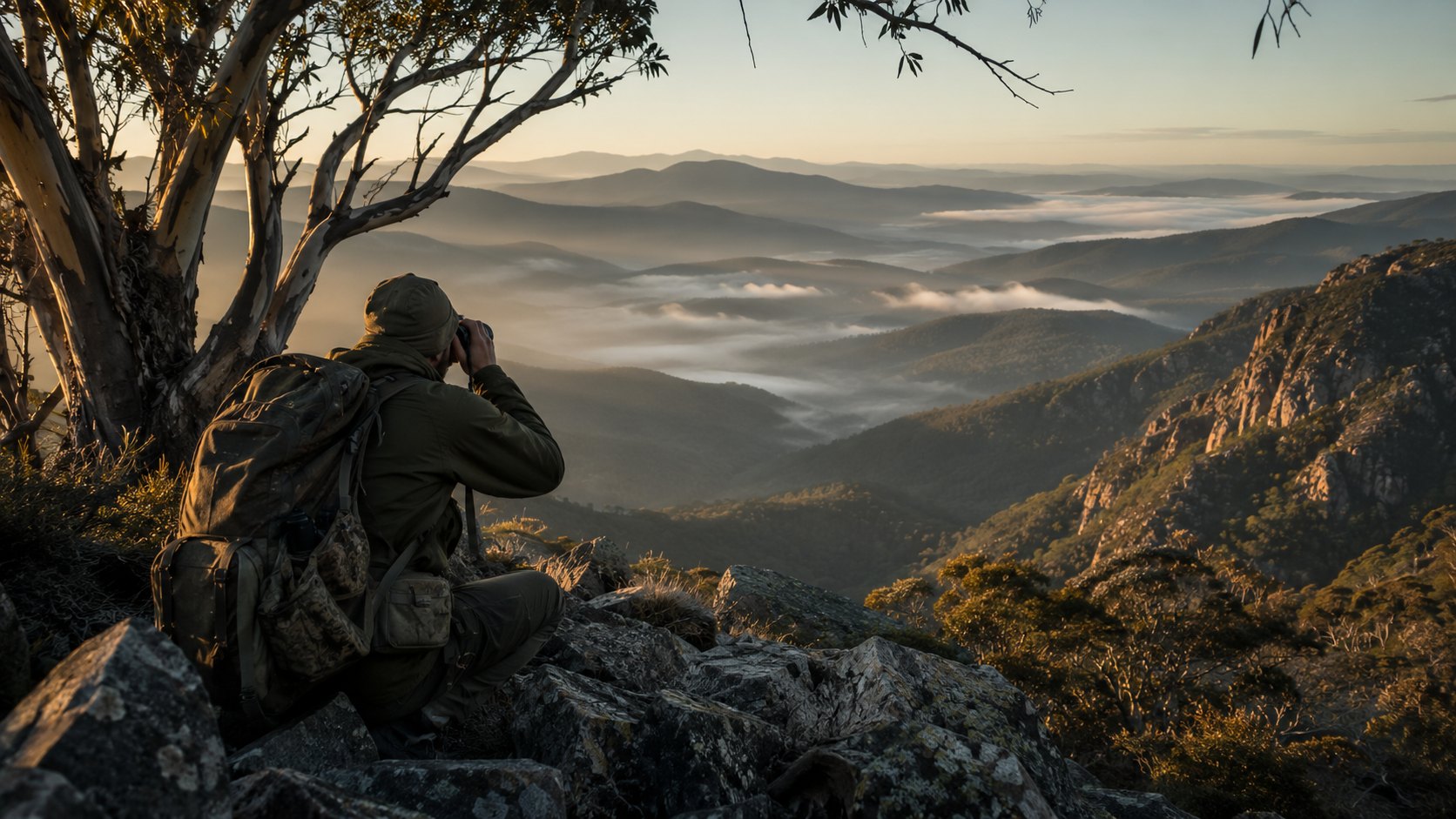 A hunter glassing across misty Australian high country at first light
