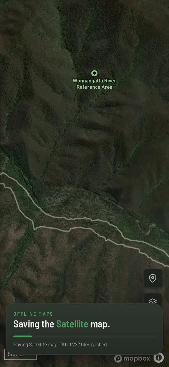 WildMap saving the Satellite map of the Wonnangatta for offline use: 30 of 227 tiles cached