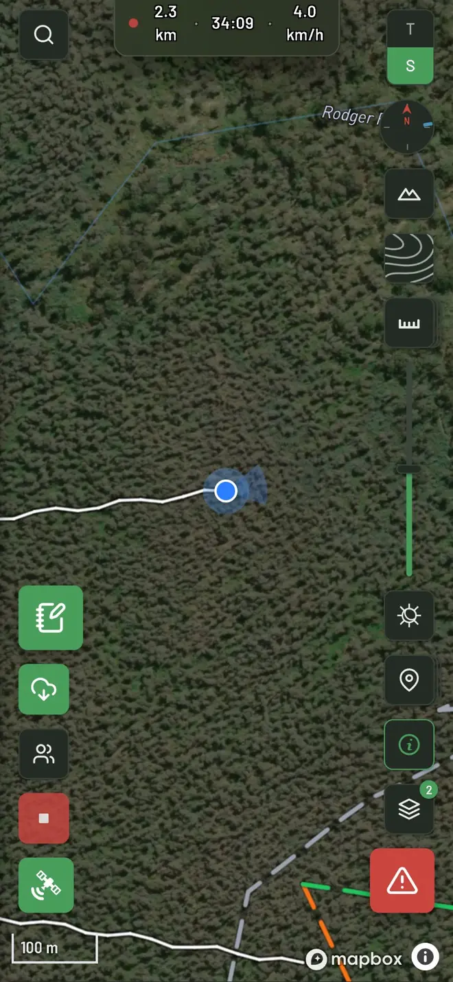 WildMap mid-stalk: satellite map, a track recording in progress, your position with heading, and the field controls down both edges
