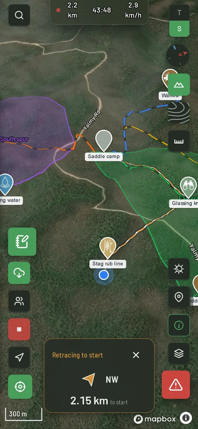 Navigate back to start: the walked track and a live bearing, 2.15 km to start