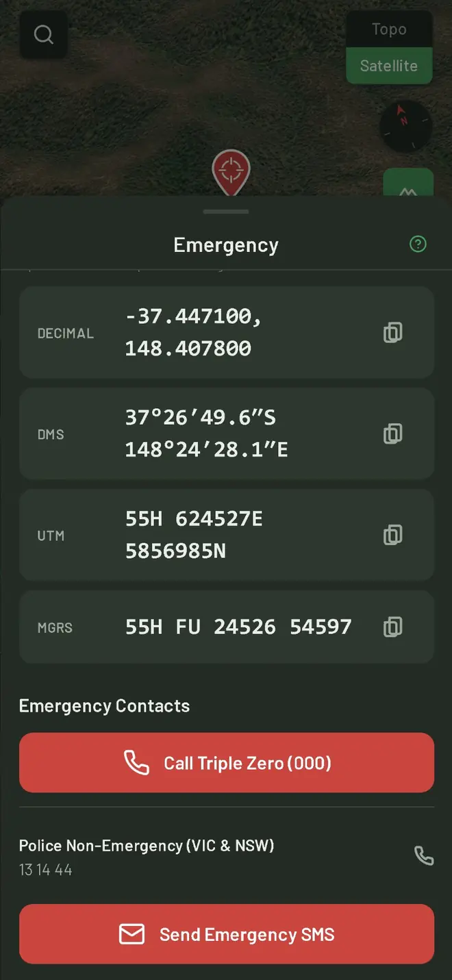 The Emergency sheet: your position in decimal, DMS, UTM and MGRS, Call Triple Zero and Send Emergency SMS