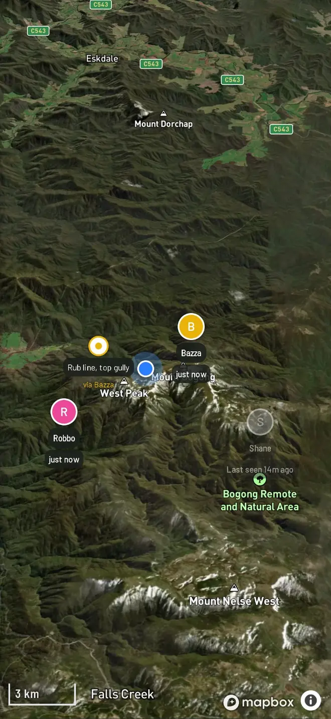 A Live Party on the 3D map: Bazza and Robbo updated just now, Shane dimmed at his last-known spot, last seen 14 minutes ago