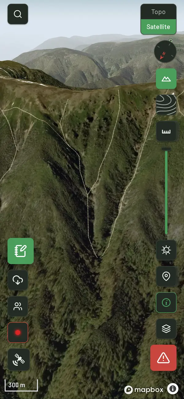 WildMap's 3D satellite map looking down a steep gully near Mount Bogong, thermals switched off