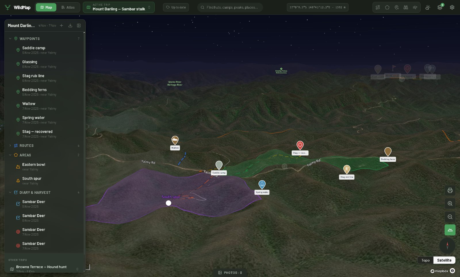WildMap desktop planning view — 3D satellite terrain with waypoints, trip sidebar and hunting area overlays