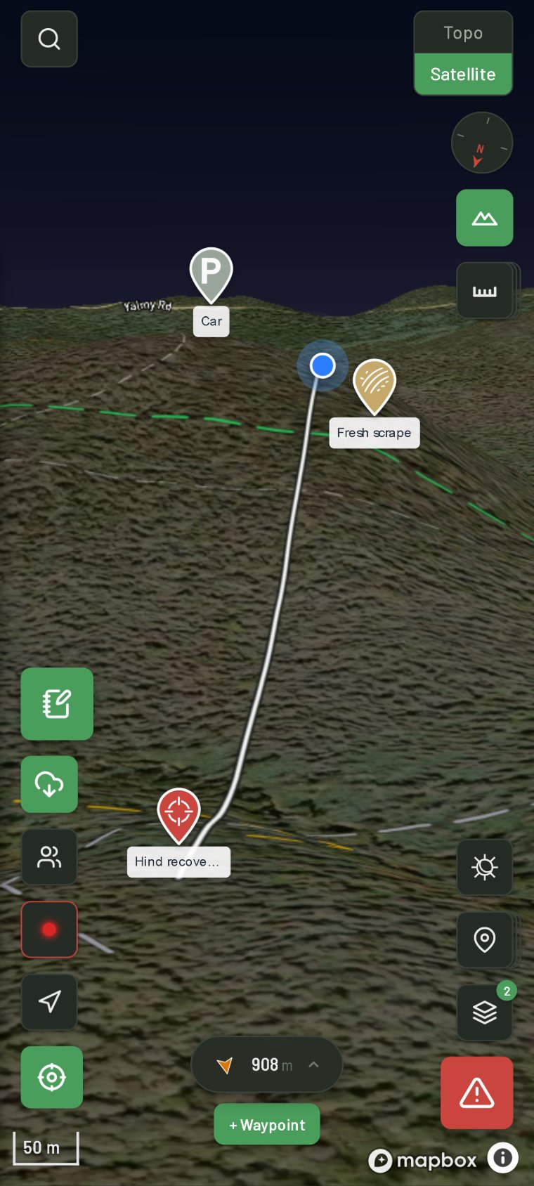 WildMap in the field — 3D satellite map with waypoints, navigation line and field controls